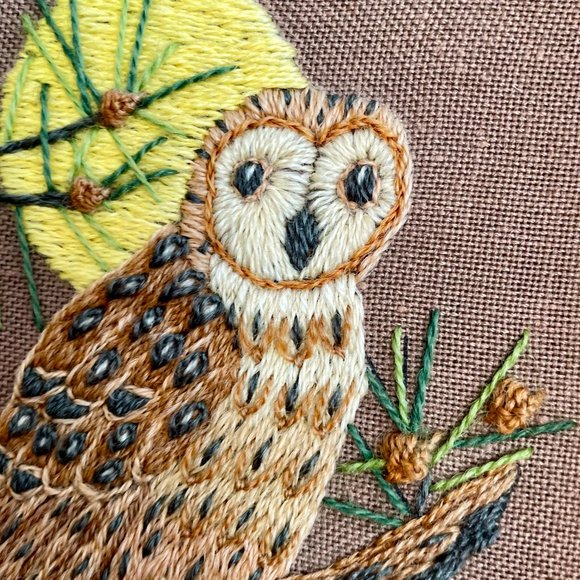 Set of 5 Vintage 1970s Owl Yarn Crewel Embroidery art (4 small 1 large) - Picture 3 of 8